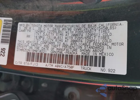 2009 Toyota Tacoma Base V6 from USA, damaged, VIN 3TMMU52N19M010221